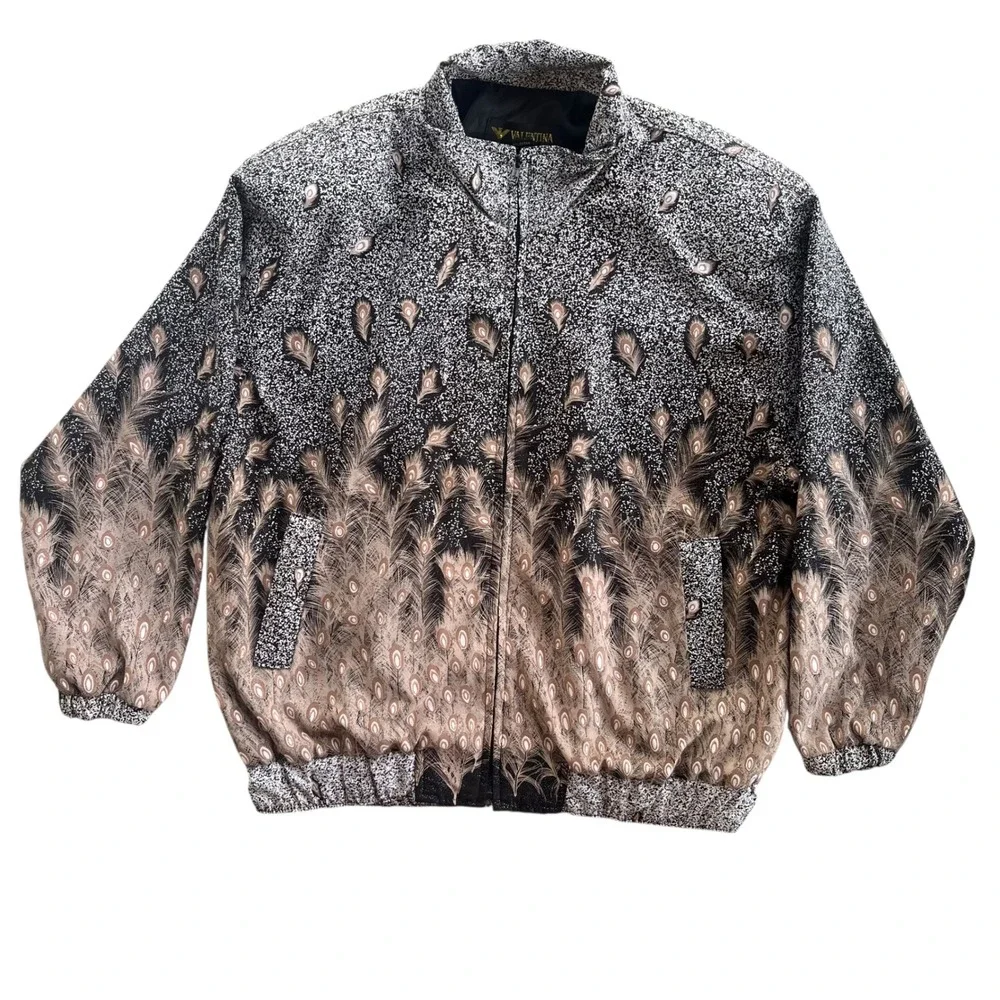 Valentina OS Black Tan Metallic, Peacock Ostrich Feather Print Bomber Jacket VTG